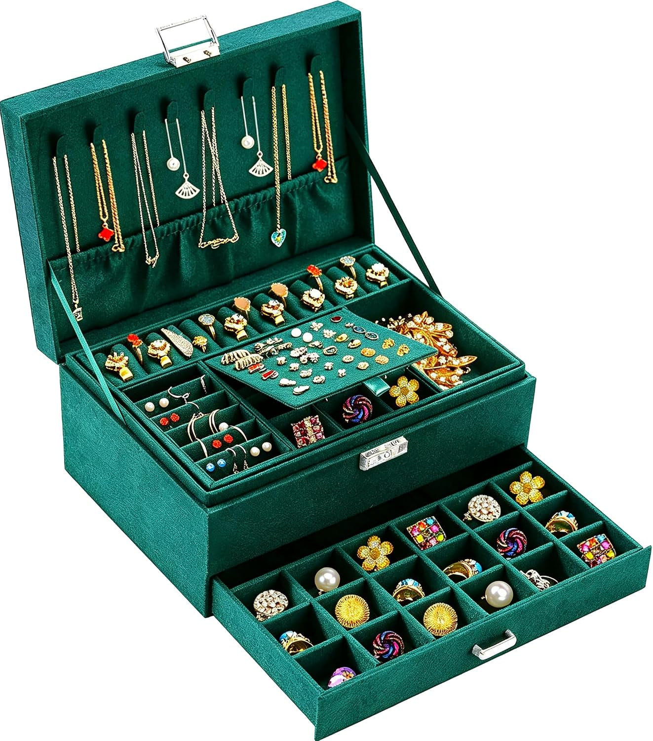 Jewelry Box for Women with Lock & Key & Drawer, 3-Layer Large Jewelry Organizer with 8 Necklace Hooks & 56 Earring Holes, Green Velvet Jewelry Storage Case for Necklace Earring Ring Bracelet